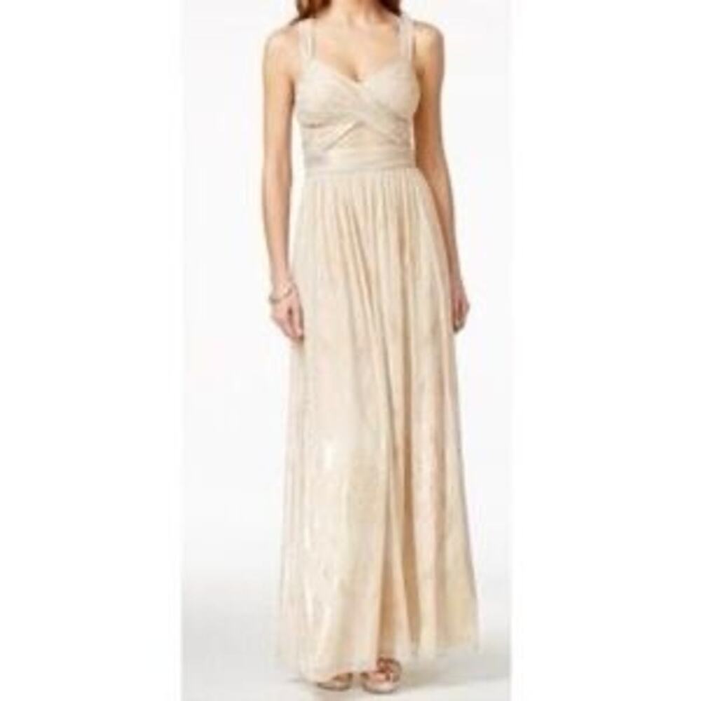 Betsy & Adam Metallic Chiffon Maxi Gown Women's Gold Size 2